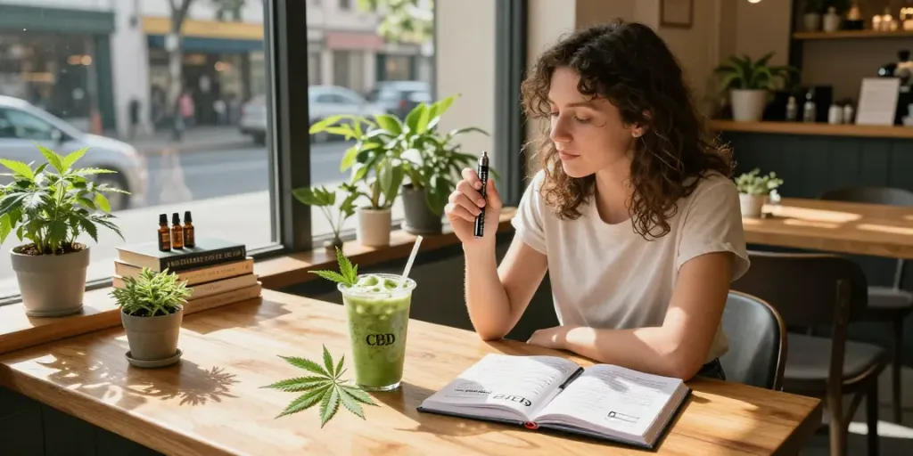 sg vape delivery: Woman enjoying a CBD smoothie and using a vape pen in a bright café, highlighting wellness products.
