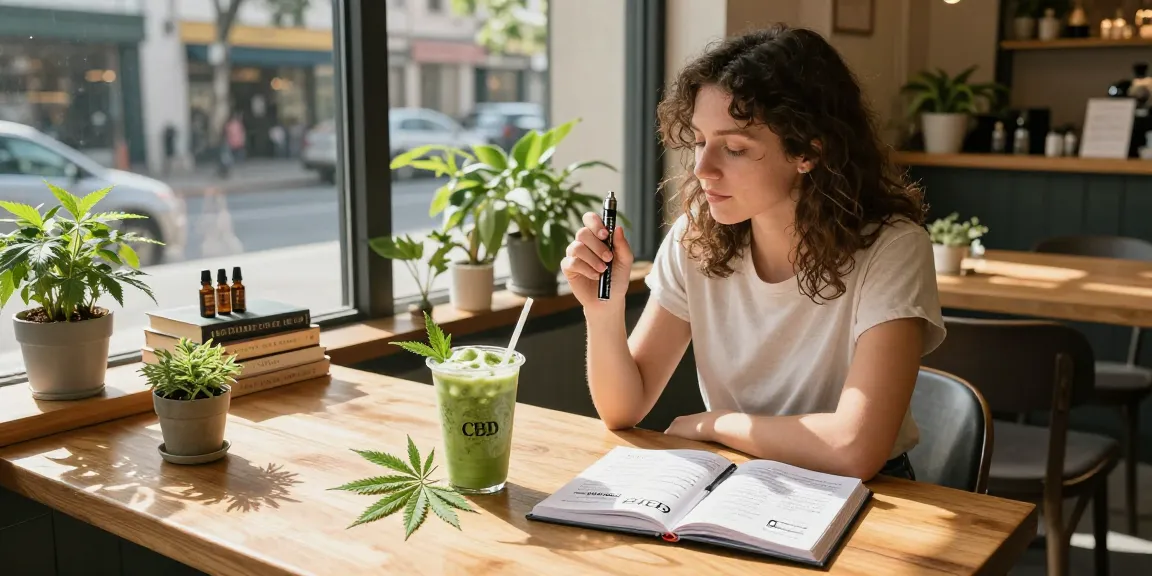 sg vape delivery: Woman enjoying a CBD smoothie and using a vape pen in a bright café, highlighting wellness products.