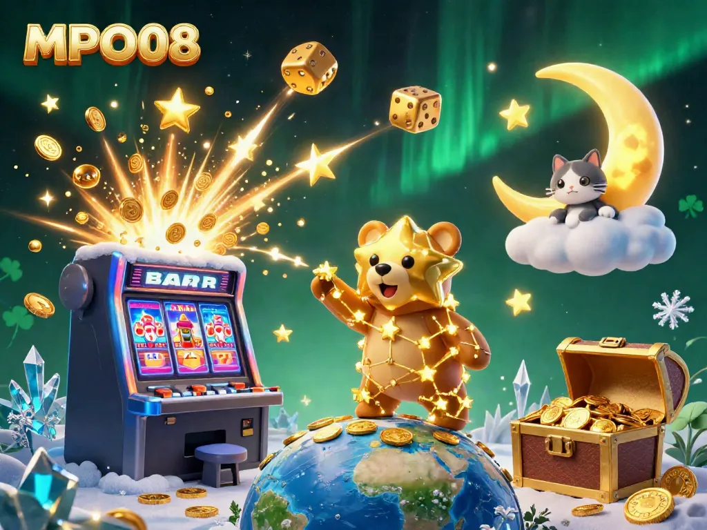 MPO08 platform showcases interactive 3D slot experiences with vibrant winnings and cosmic-themed characters.