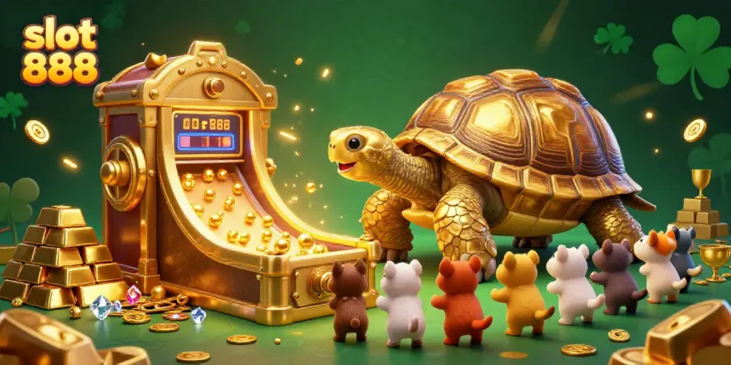 Experience the excitement of slot 888 with golden treasures and lively animals in this dynamic illustration.