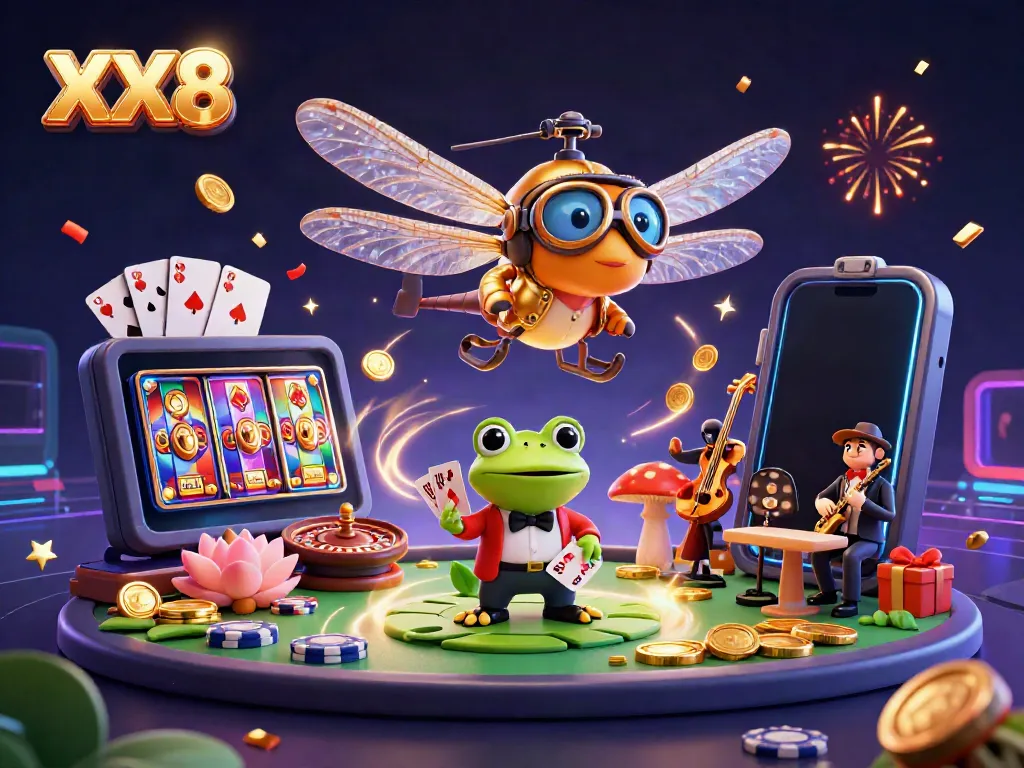 Experience exciting gameplay at XX8 with our unique casino scene depicting vibrant characters and rich gaming elements.