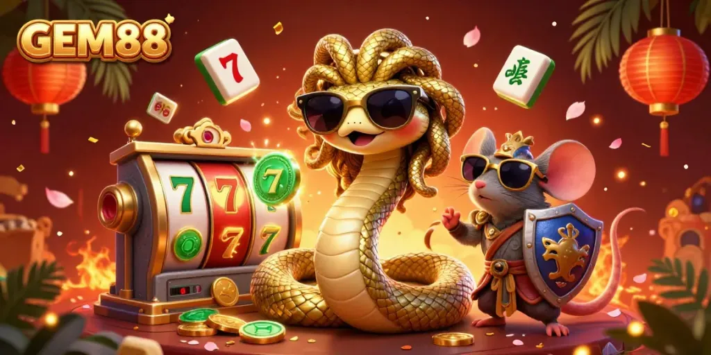 Experience the excitement of GEM88 with Medusa and a warrior mouse in a vibrant casino scene filled with jackpots.