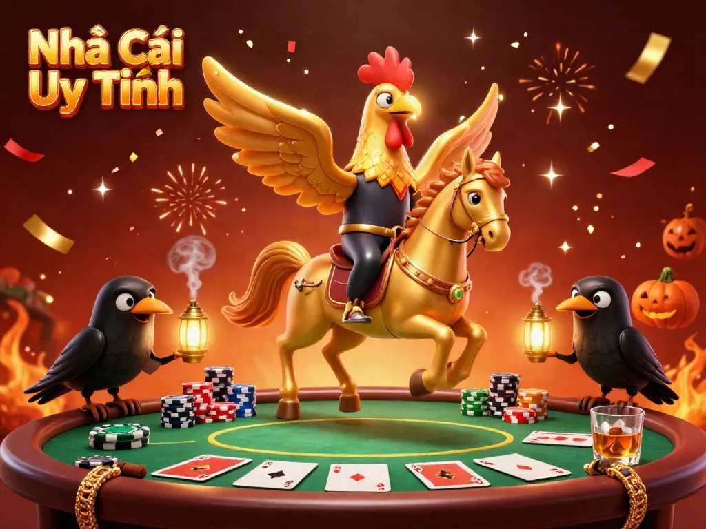 Engaging scene of Nhà Cái Uy Tín with a golden rooster headless horseman in a midnight casino.