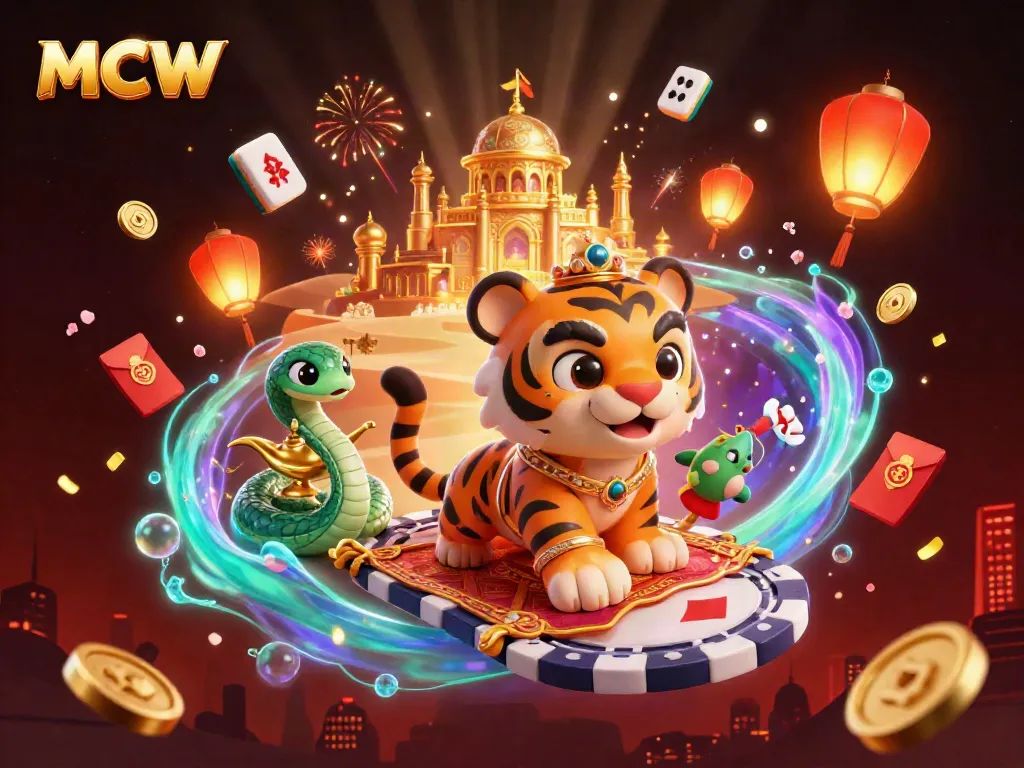 Experience the thrill of MCW with a vibrant 3D casino scene featuring a tiger sultan on a poker chip carpet.