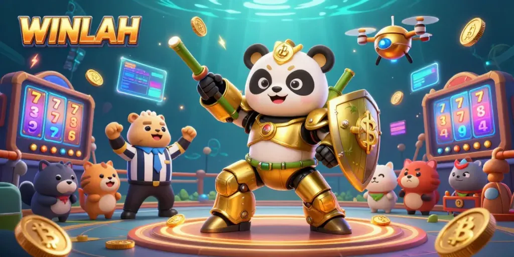 WINLAH showcases thrilling gaming through a panda in mech-suit battling with dynamic casino elements.