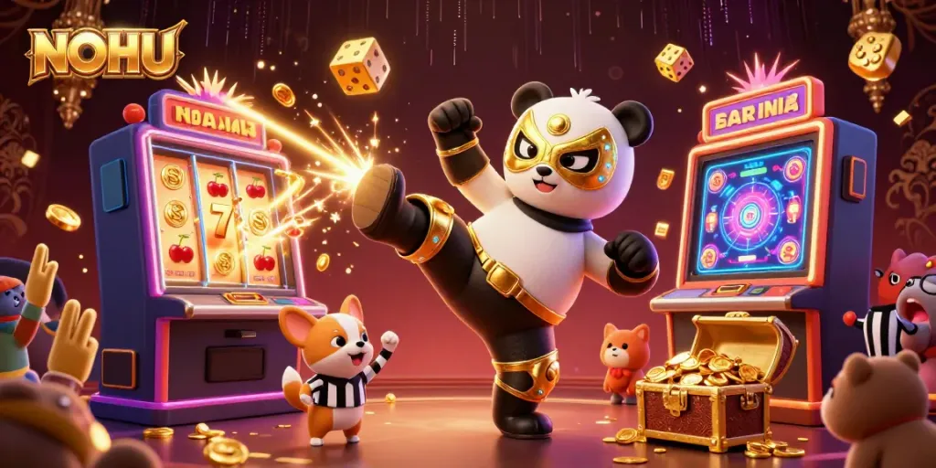 Experience thrilling jackpots with NOHU as a panda wrestler and cheering crowd surround a busy slot machine.
