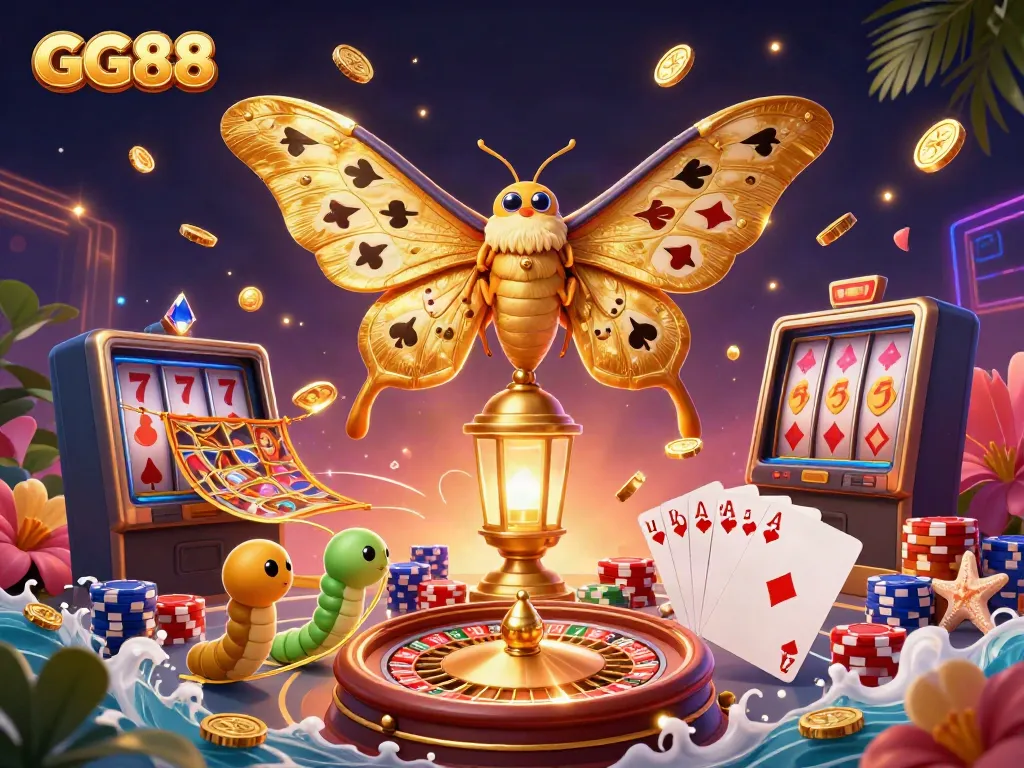 Engage in thrilling gameplay with GG88's vibrant casino scene featuring golden coins and interactive games.