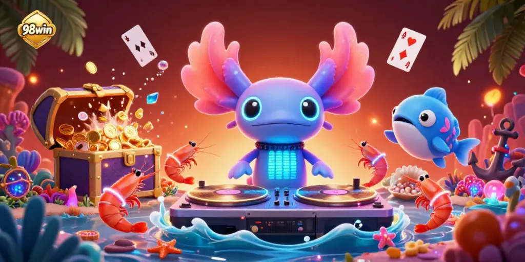 Spin the reels with the vibrant 98win axolotl DJ in this colorful underwater casino scene.