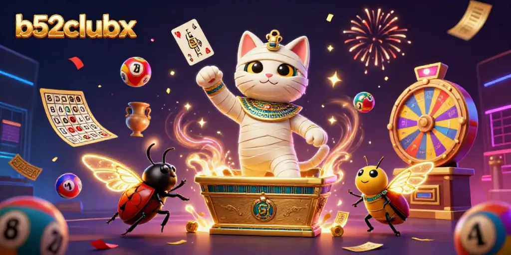 Experience excitement at b52clubx with a vibrant casino scene featuring a mummy cat, scarab, and lottery elements.