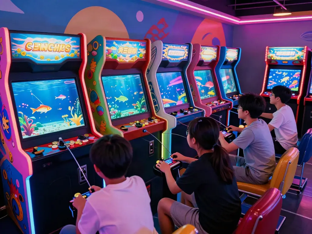 Exciting group playing again in arcade game again là Bắn cá đổi thưởng with vibrant lights and prizes.