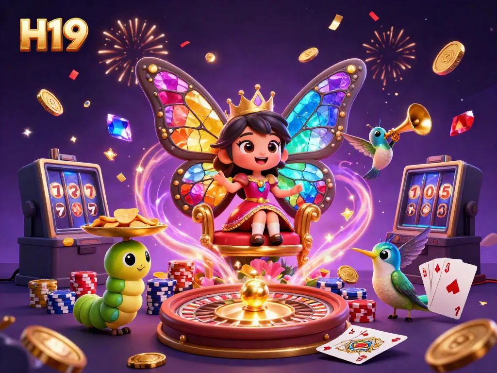 Engage with H19's vibrant 3D casino world featuring a butterfly queen in a magical atmosphere filled with games.