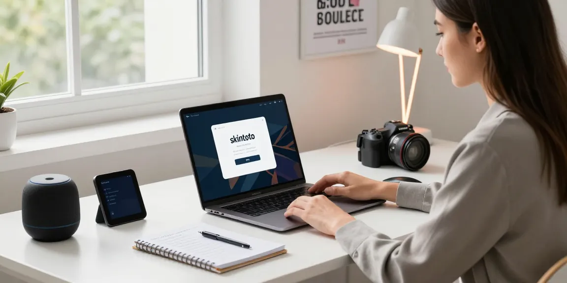 Professional engaging with skintoto login on a sleek laptop within a modern workspace.