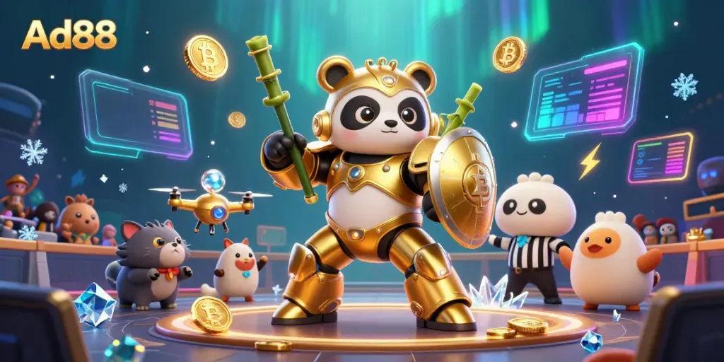 Experience the excitement of Ad88 with a mech-suit golden panda in a dynamic casino scene.