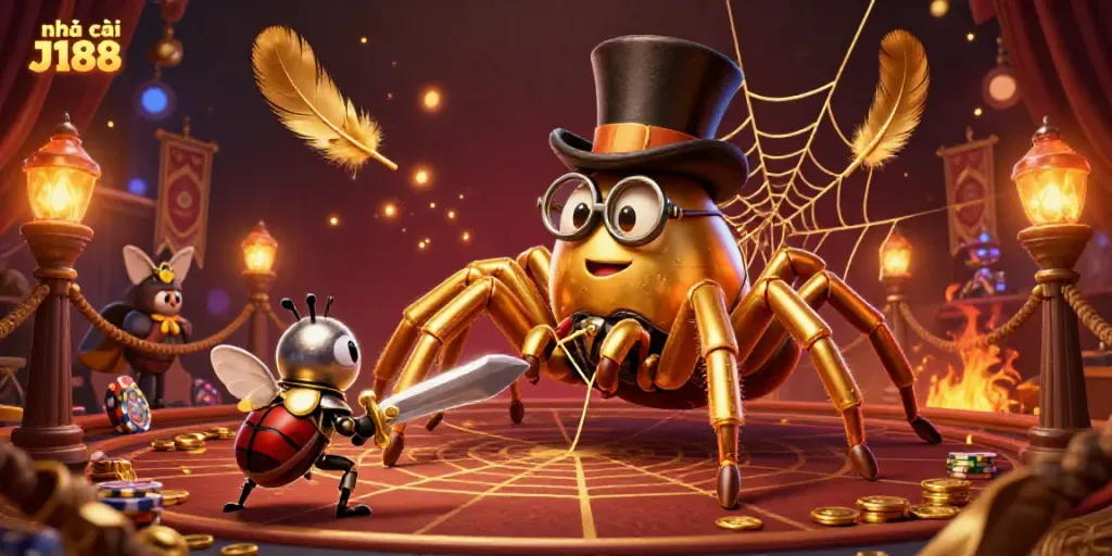 Experience the thrill of gambling at nhà cái J188 with vibrant casino characters and golden elements.