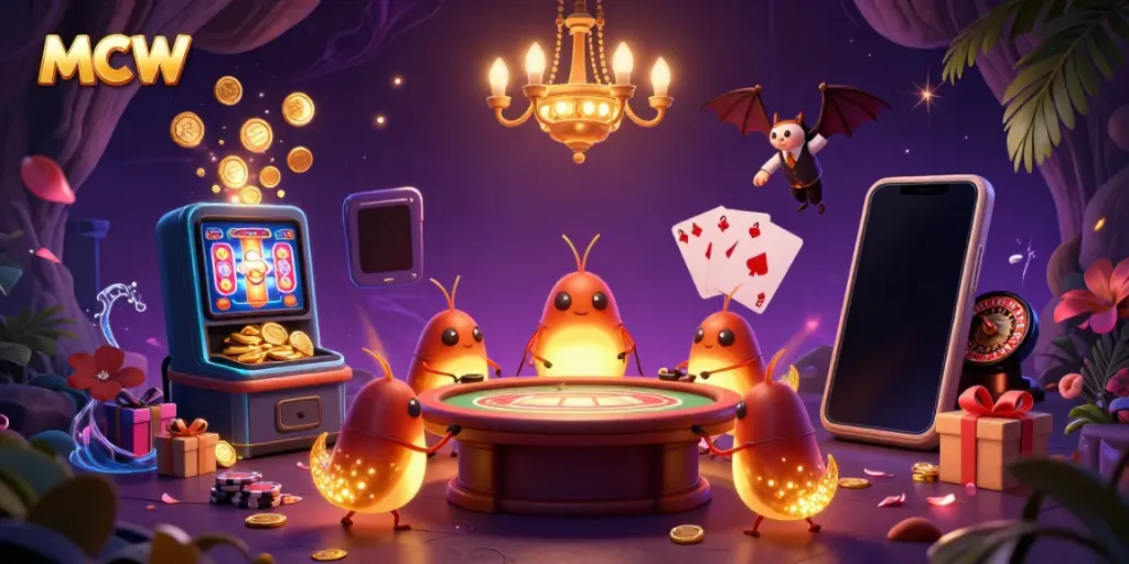 Engage with MCW’s vibrant casino scene featuring glowing elements and dynamic slot game action.