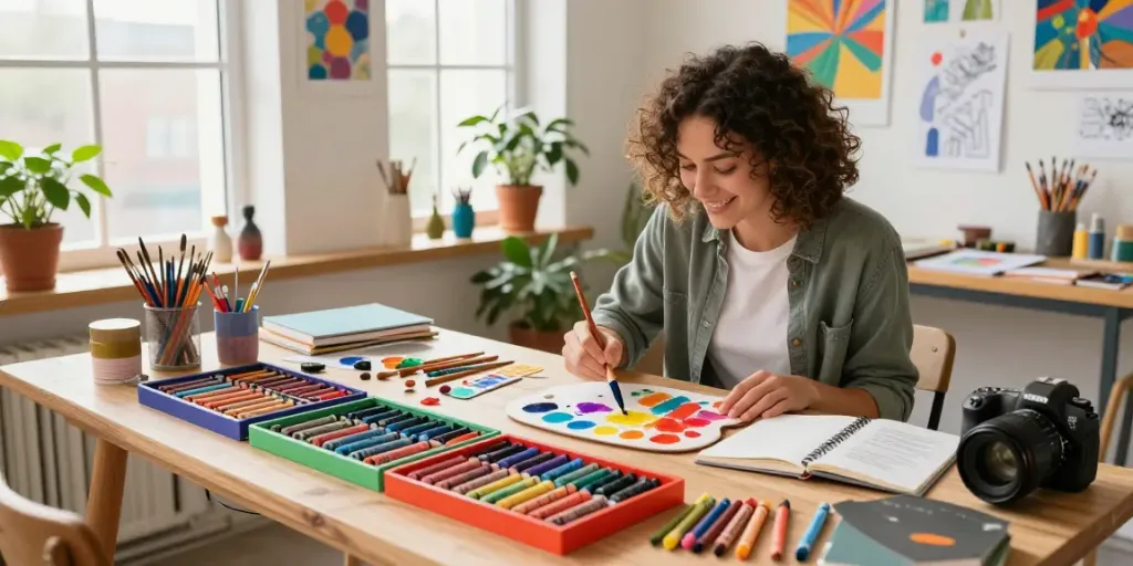 Artist exploring crayon manufacturers' products in a bright art studio filled with colorful supplies.