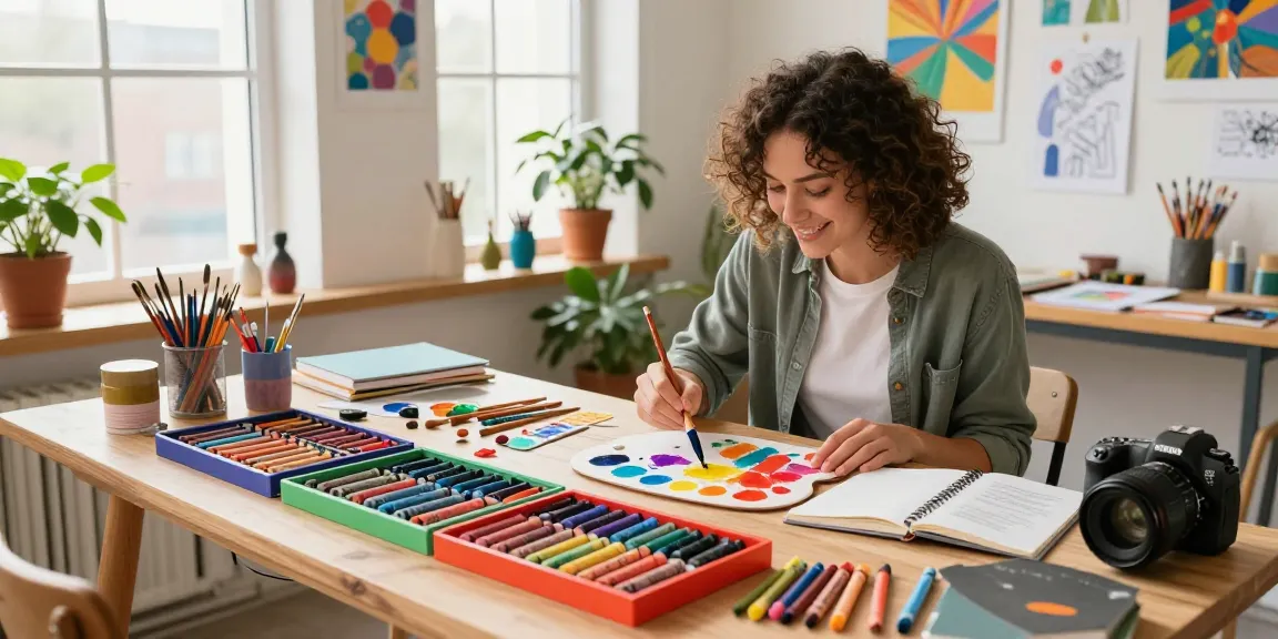 Artist exploring crayon manufacturers' products in a bright art studio filled with colorful supplies.