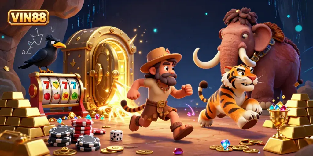 Engage with VIN88's vibrant 3D casino scene featuring a caveman and a sabertooth tiger.