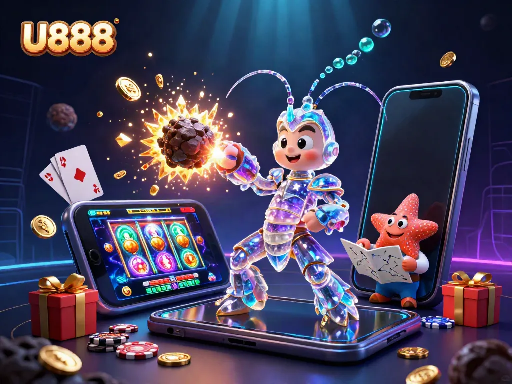 Immerse in U888's gaming universe with vibrant characters, action, and cascading neon elements.