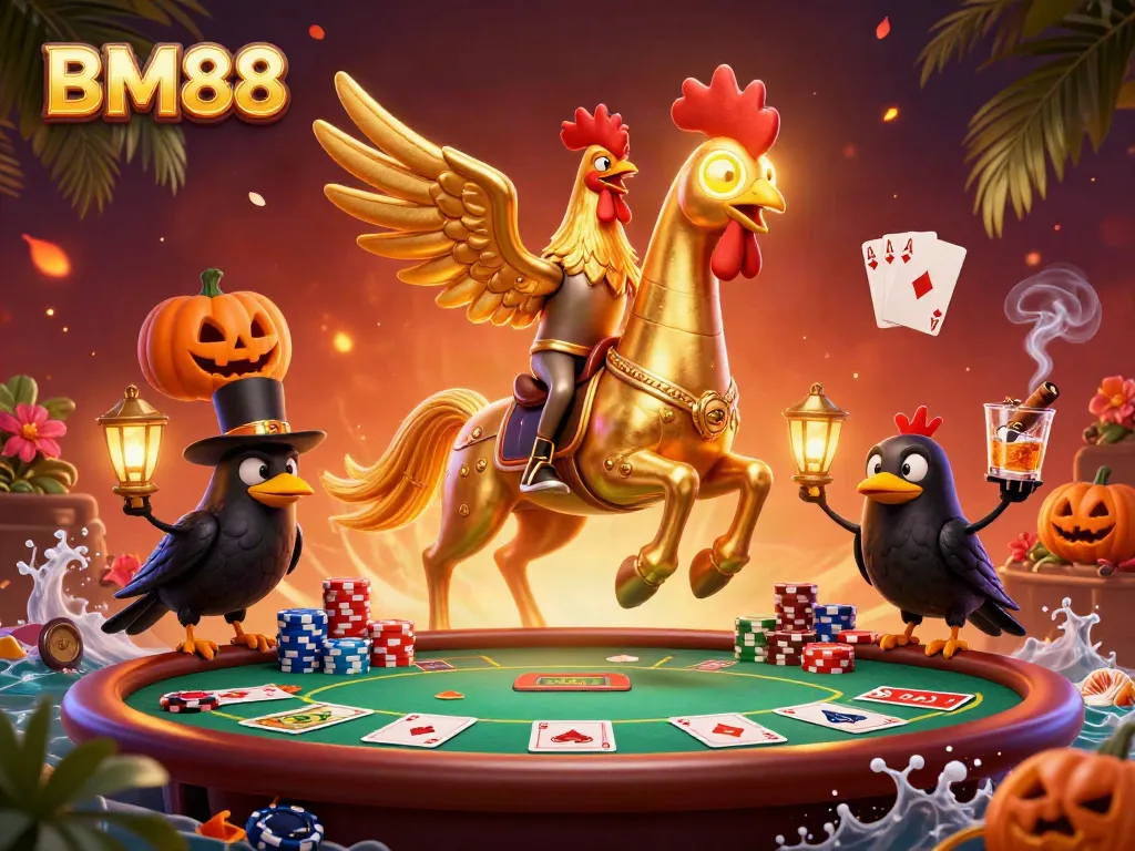 Engage in a thrilling BM88 gaming experience with vibrant casino elements in a mystical setting.