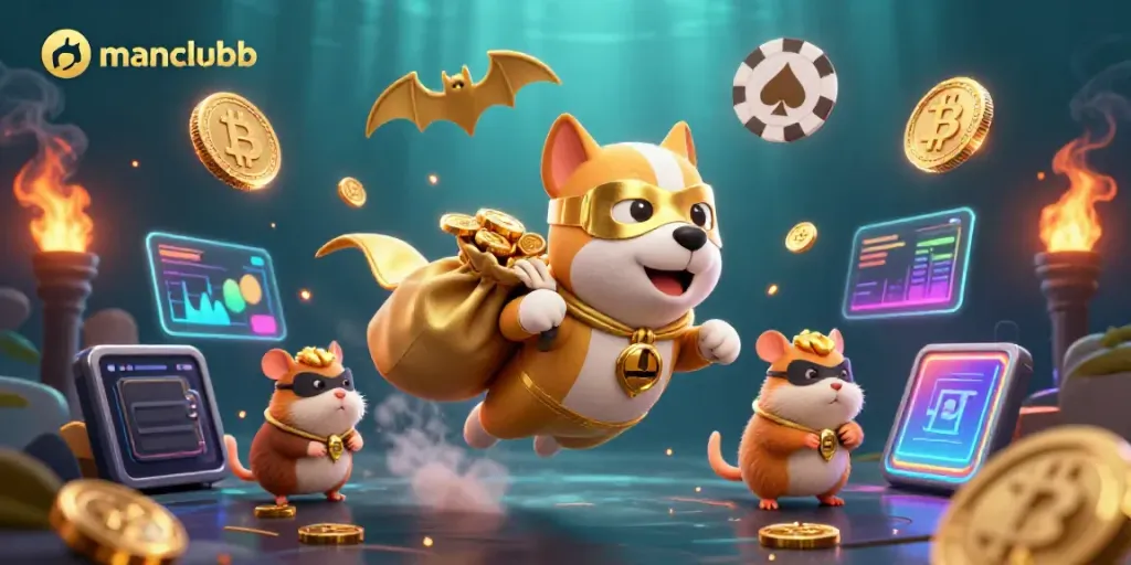 Experience thrilling gaming excitement at manclubb with a superhero dog soaring amidst gold coins and crypto elements.