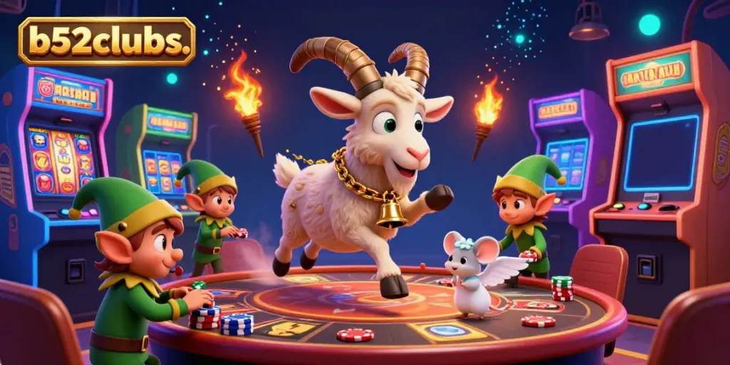 Engage in thrilling casino games at b52clubs with a lively Krampus goat overseeing a vibrant gaming floor.