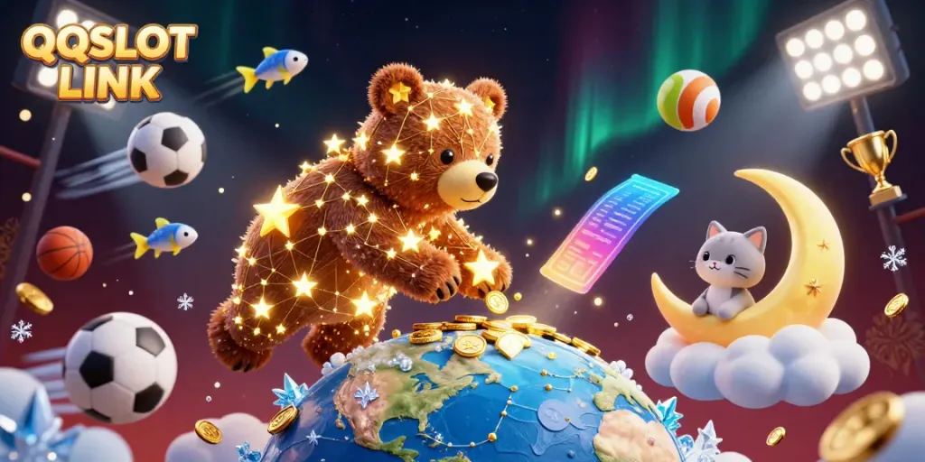 Engage with QQSLOT LINK as a constellation bear collects coins in a vibrant casino scene filled with sports elements.