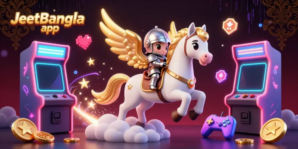 Engage with fun gaming action in the JeetBangla app, featuring vibrant characters and animated casino elements.