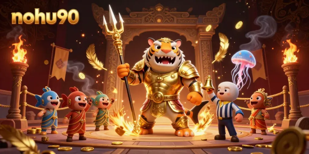 Engage in thrilling underwater battles at nohu90, featuring a tiger shark gladiator amidst cheering fish.