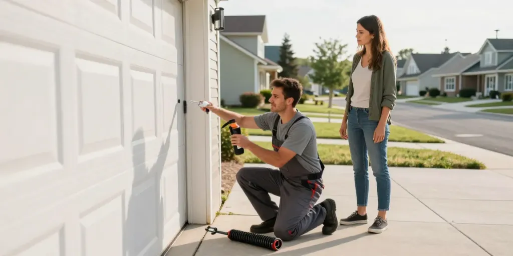 Technician working on garage door fixers in a suburban driveway