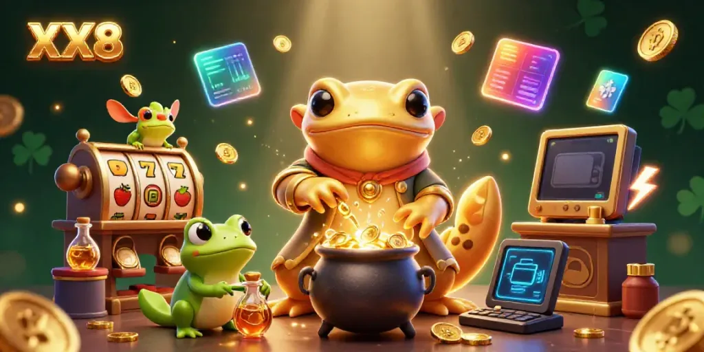 Experience thrilling wins with XX8 as a golden alchemist creates jackpot symbols in a vibrant 3D scene.