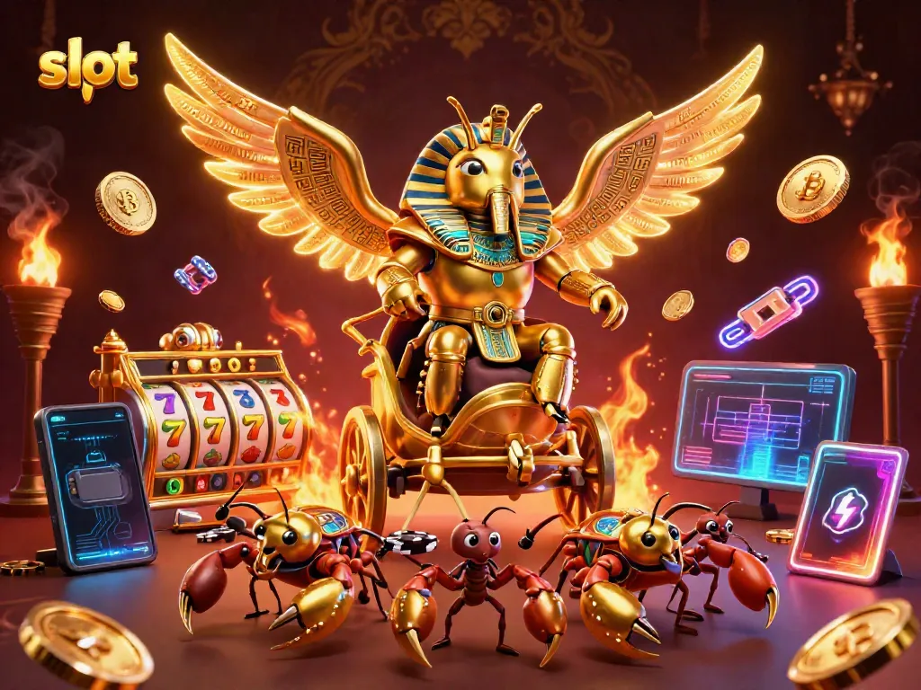 Engage with exciting slot games featuring a dynamic scene with a golden scarab beetle, showcasing vibrant jackpots and crypto elements.