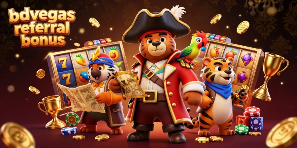 Experience the bdvegas referral bonus with a lively, whimsical 3D illustration featuring a pirate bear captain, tiger, and parrot amid glowing slot machines.