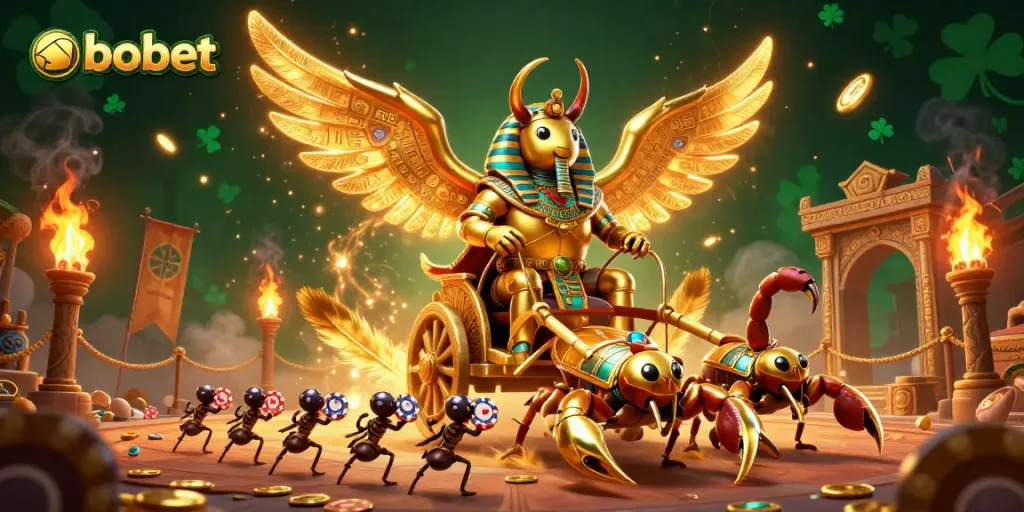 Experience sbobet betting excitement with a golden scarab beetle in a vibrant 3D casino scene.