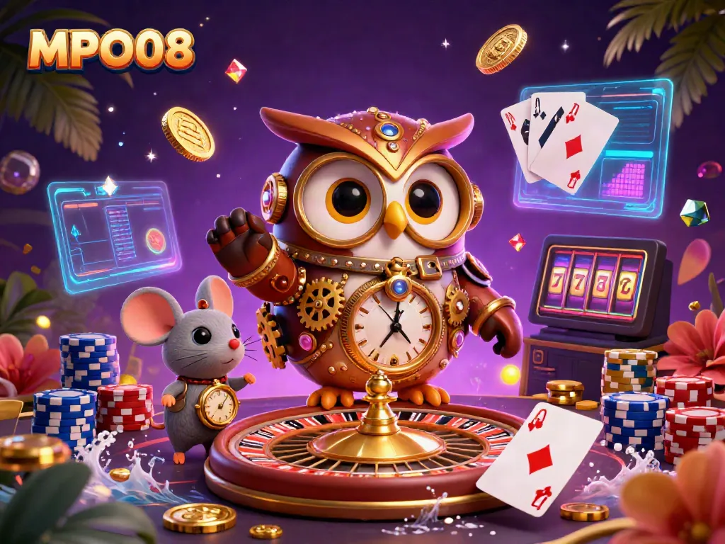 MPO08 brings excitement with a steampunk casino scene featuring an owl and a mouse, surrounded by vibrant game elements.