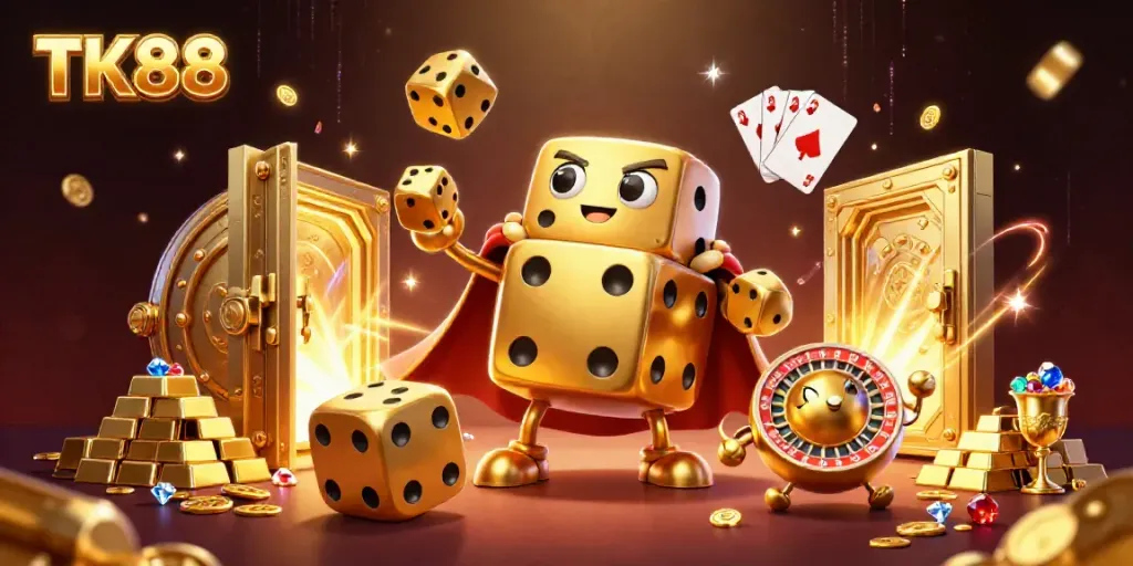 Experience exciting games at TK88 with a dynamic scene of golden dice characters and treasures.