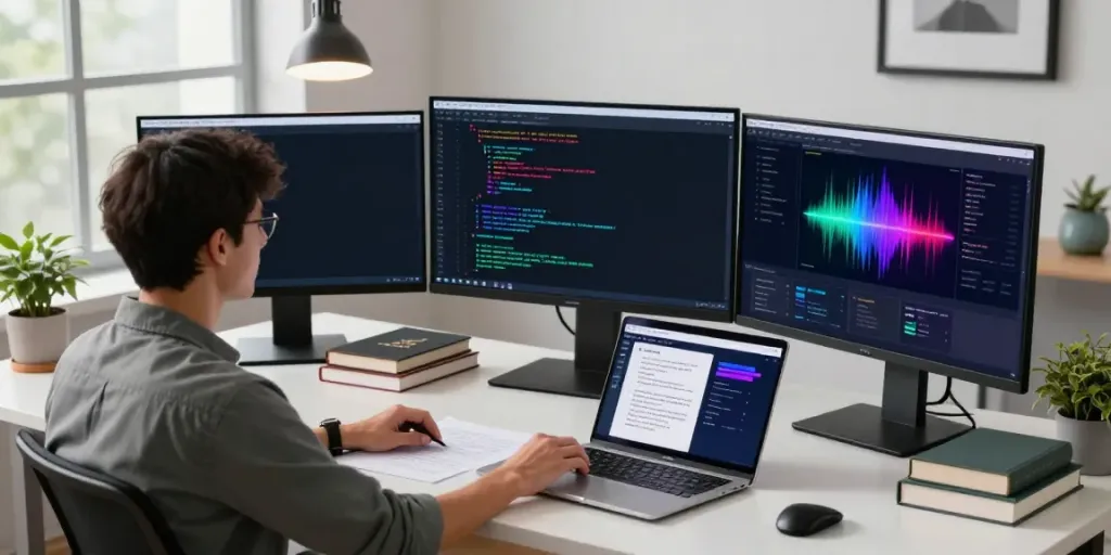 Kinetiq liquid staking workspace with developer monitoring blockchain metrics and algorithms at multiple screens.