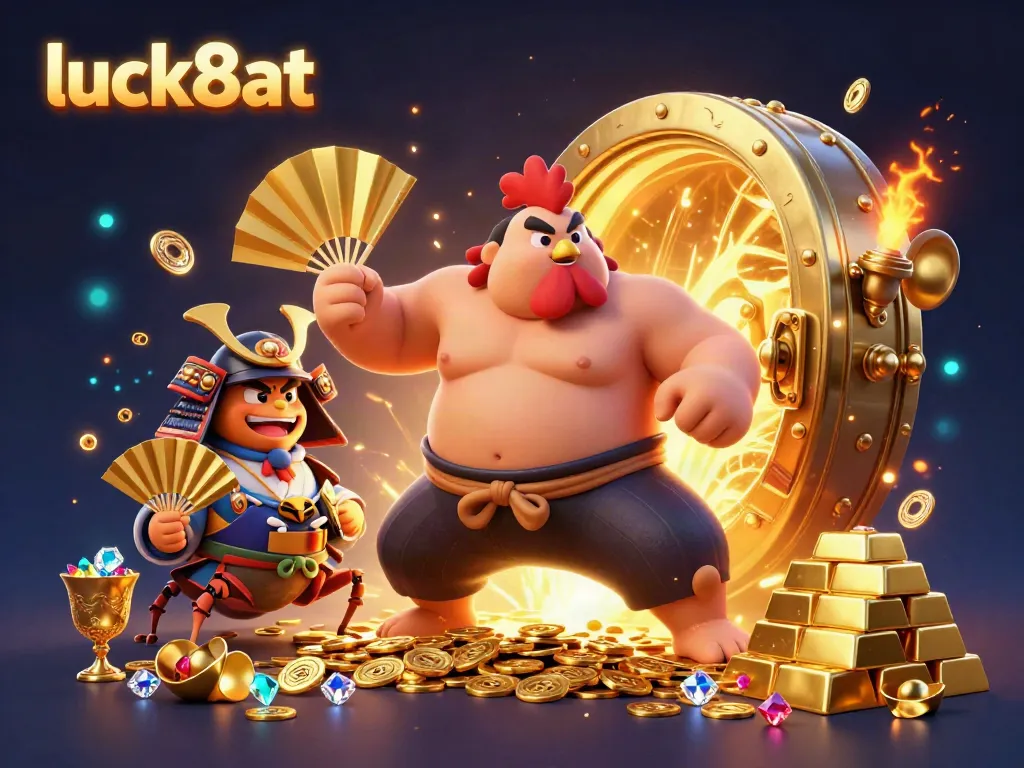 Engage with luck8at in a vibrant 3D casino scene filled with gold, gems, and excitement.