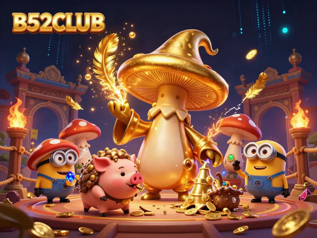 B52CLUB wizard transforming treasures in a vibrant 3D casino scene.