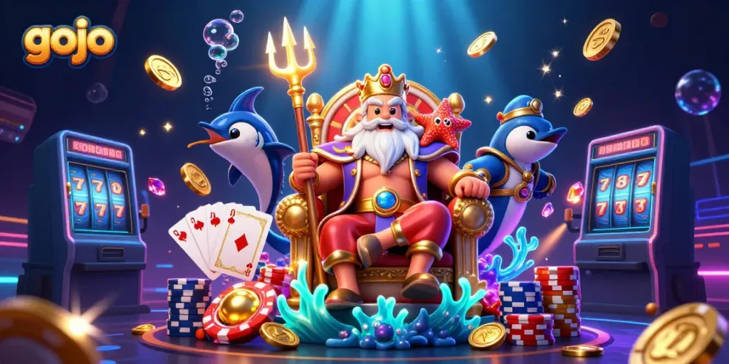 Spin and win with Gojo at this vibrant casino scene full of action and colorful elements.