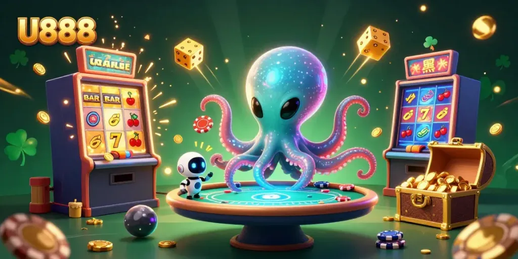 U888 showcases a vibrant casino scene with an alien octopus and robot at a holographic poker table.