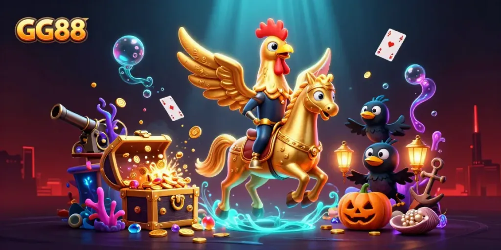 Experience the thrilling ambiance of GG88 casino with a golden rooster and dynamic characters amid vibrant treasures.