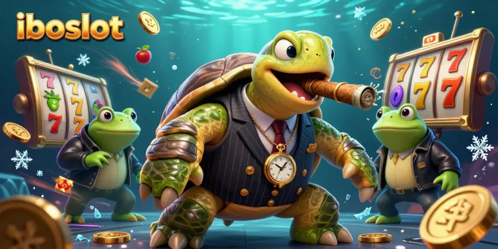 Experience the excitement of iboslot with a dynamic 3D illustration featuring a snapping turtle and slot symbols.