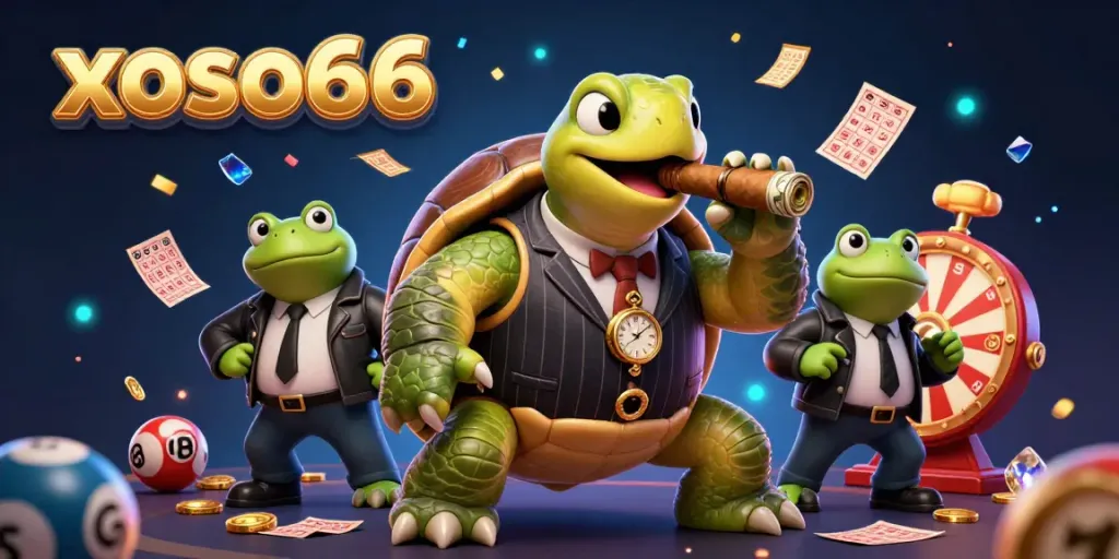 Join the fun with xoso66, where a cartoon turtle celebrates lottery wins amidst sparkling coins and bingo cards.