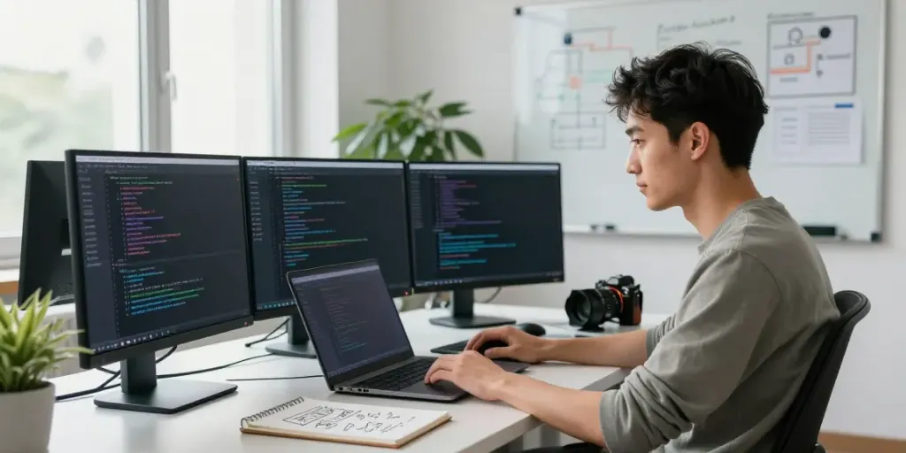 Anonymous VPS hosting workspace with a developer coding and multiple screens in a bright tech environment.