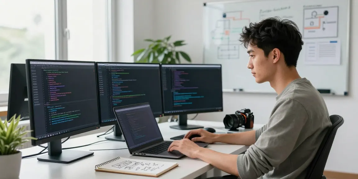 Anonymous VPS hosting workspace with a developer coding and multiple screens in a bright tech environment.