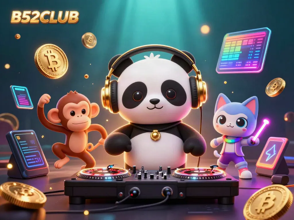 Engage with B52CLUB's exciting atmosphere featuring a DJ panda, breakdancing monkey, and glowing kitten.