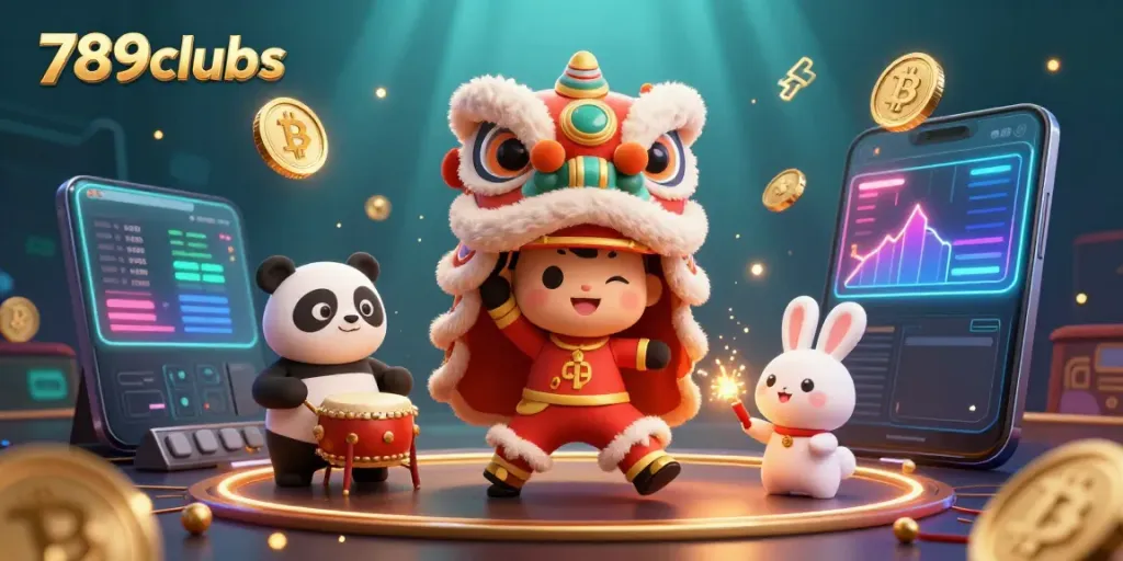 Engage at 789clubs with a lively 3D casino scene featuring a lion dance, crypto coins, and festive characters.