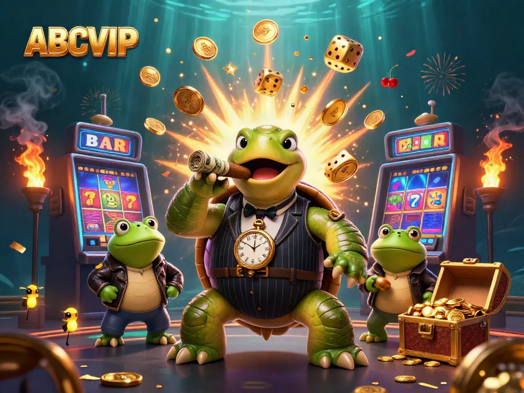 ABCVIP's festive casino scene featuring colorful slot machines, turtles in suits, and dynamic gaming elements.