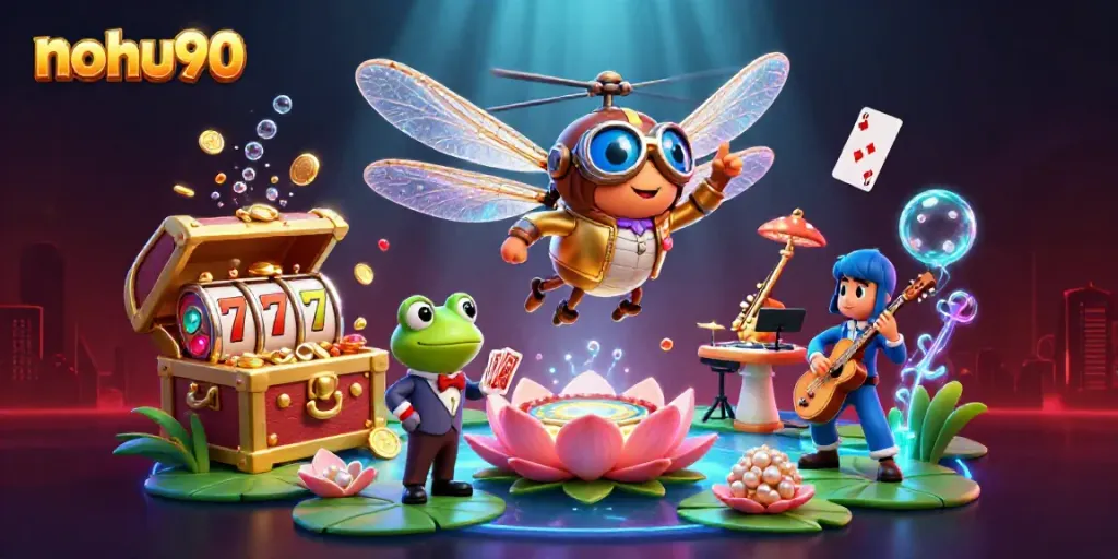 Experience the vibrant thrills of nohu90 with a dynamic casino scene featuring a dragonfly pilot and a frog croupier.